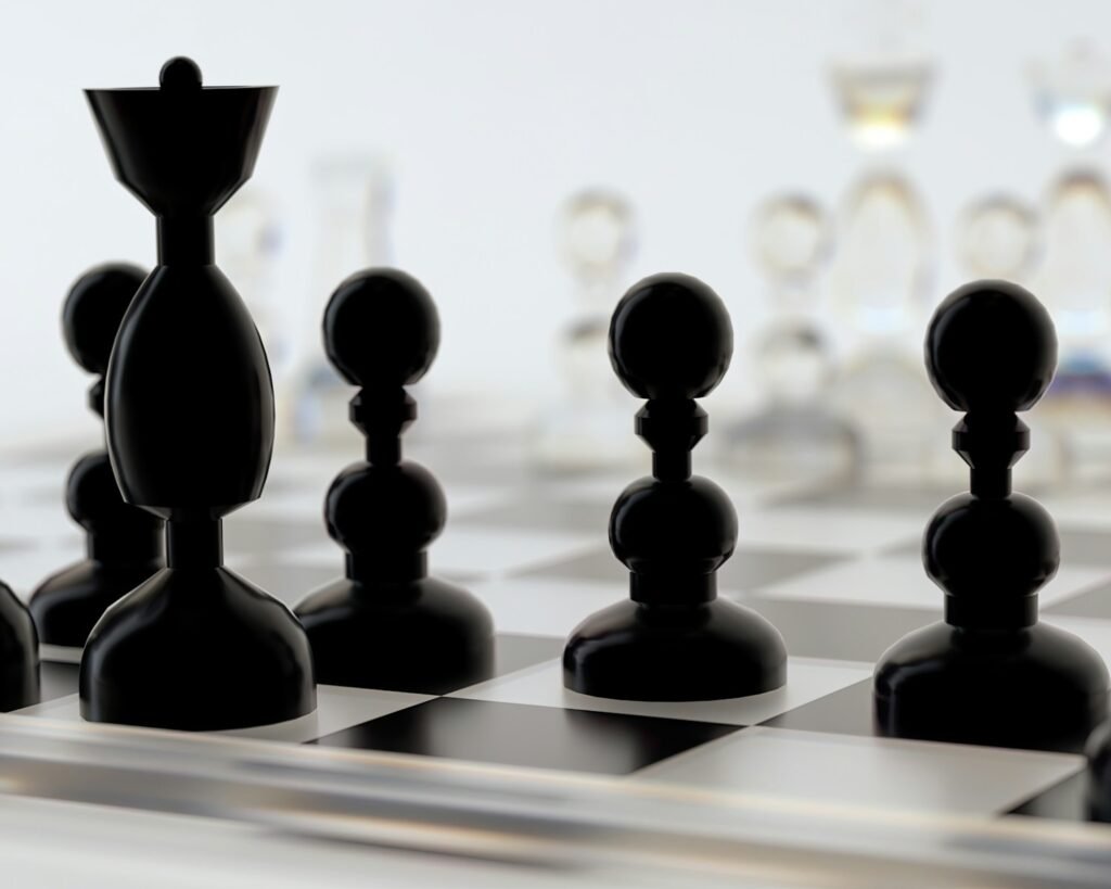 a close up of a chess board with pieces on it