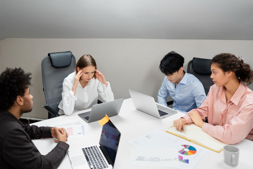 Four professionals seated around a table with laptops, one person appears stressed while others observe.
