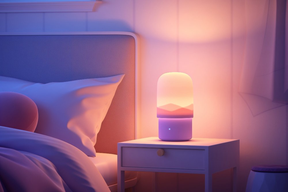 A modern bedside lamp with a soft glow, placed on a white nightstand next to a bed.