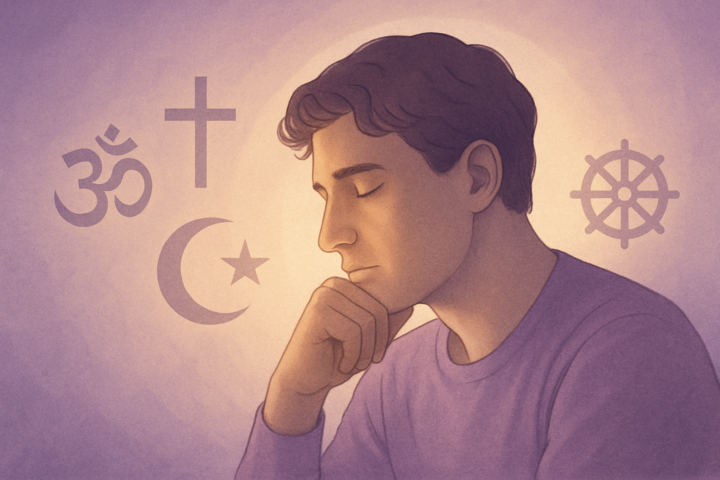 Seseorang merenung dengan simbol agama dan cahaya kedamaian, melambangkan penghiburan dan spiritualitas