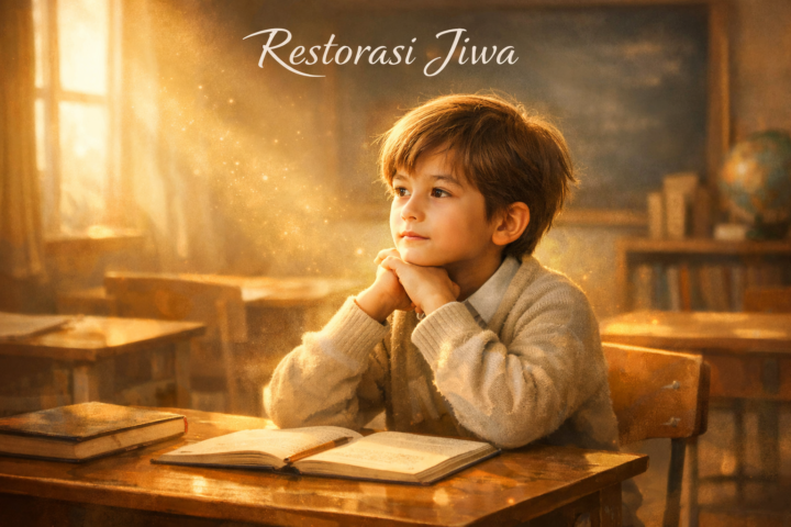 Anak duduk diam dengan ekspresi tenang dan fokus, simbol belajar keheningan dan kebijaksanaan