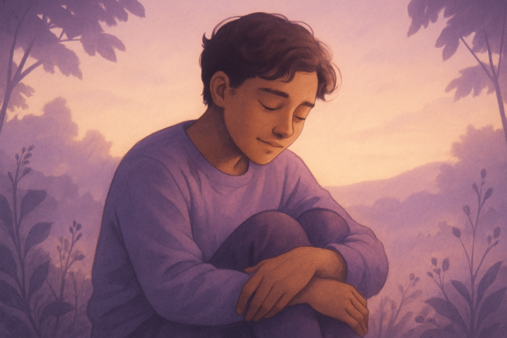 Anak baik terlihat tersenyum lembut sambil duduk sendiri di alam, mencerminkan luka batin tersembunyi dan kekuatan dalam diri