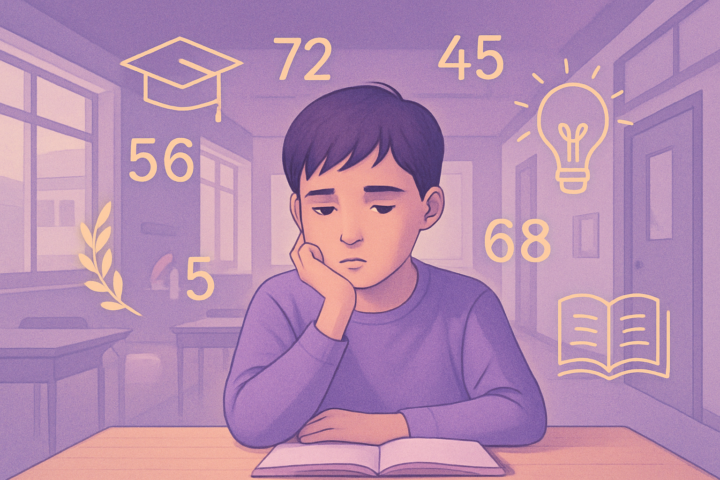 Anak duduk dengan ekspresi kosong di kelas, menggambarkan kegagalan sistem pendidikan yang hanya fokus pada nilai akademis