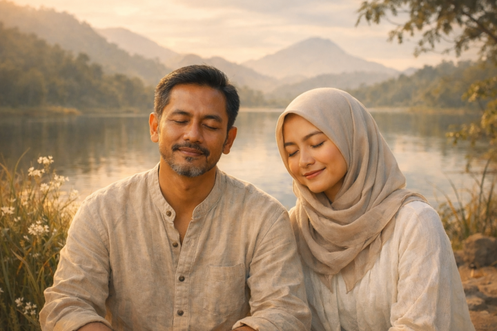 Ilustrasi kedewasaan emosional dengan pasangan yang menunjukkan ekspresi tenang dan tulus