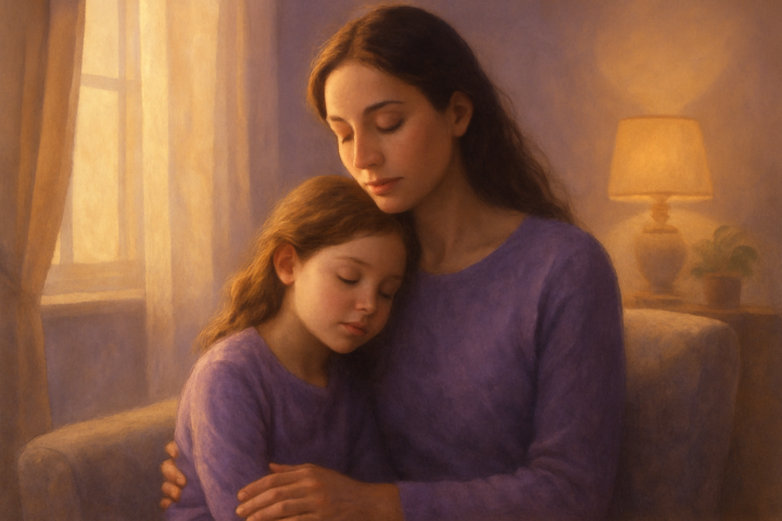 Ibu dan anak sedang berbicara hangat di rumah, melambangkan penyembuhan emosional dan pola asuh positif