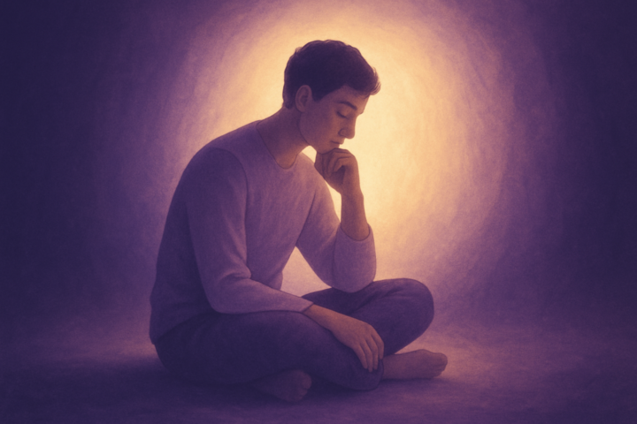 Ilustrasi individu merenung dengan cahaya lembut di tengah kegelapan sebagai simbol harapan dan kekuatan spiritual