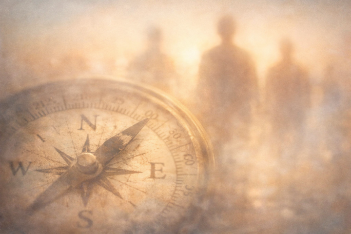 Kompas pudar dengan siluet manusia buram melambangkan visi yang tidak menyentuh jiwa warga
