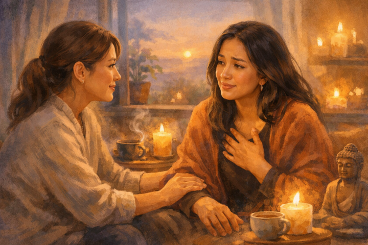 Ilustrasi dua orang sedang berbicara dengan penuh empati dan koneksi emosional