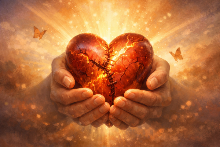 Ilustrasi hati terluka bercahaya melambangkan kekuatan dan inspirasi dari luka