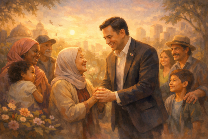 Ilustrasi pejabat pemerintah berinteraksi hangat dengan warga masyarakat beragam secara langsung