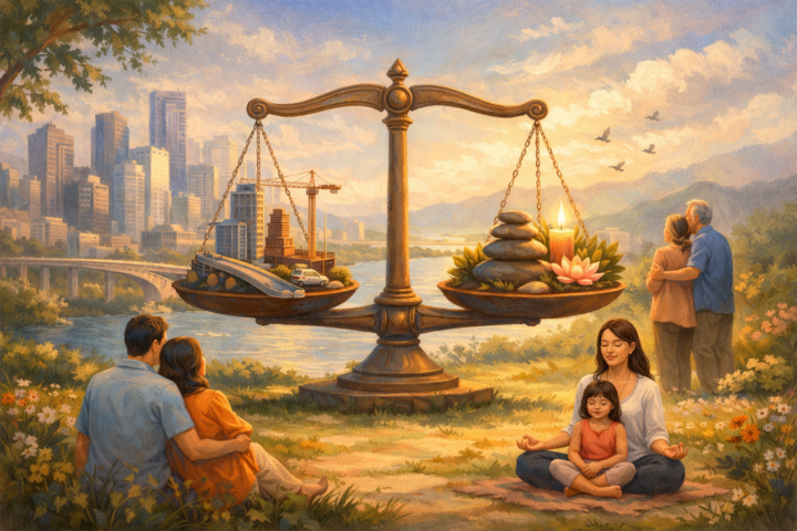 Ilustrasi keseimbangan pembangunan infrastruktur dan kesehatan jiwa dengan latar kota modern dan masyarakat bahagia