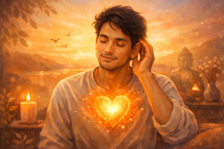 Ilustrasi seseorang mendengar dengan hati, simbol hati bercahaya dari dada, suasana tenang dan penuh empati