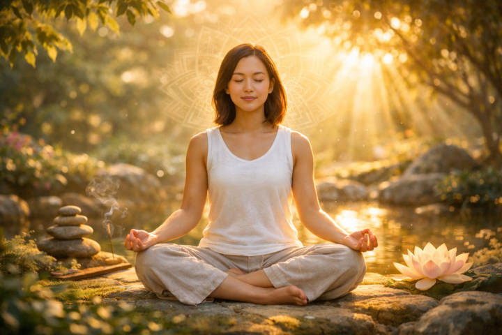 Wanita meditasi di taman menikmati kehadiran dengan sinar matahari pagi
