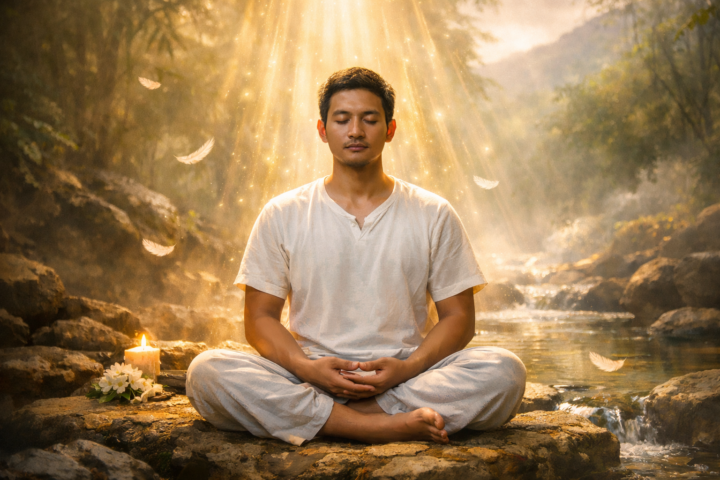 Seseorang bermeditasi tenang di alam, melambangkan kehadiran ilahi saat takut dan lelah