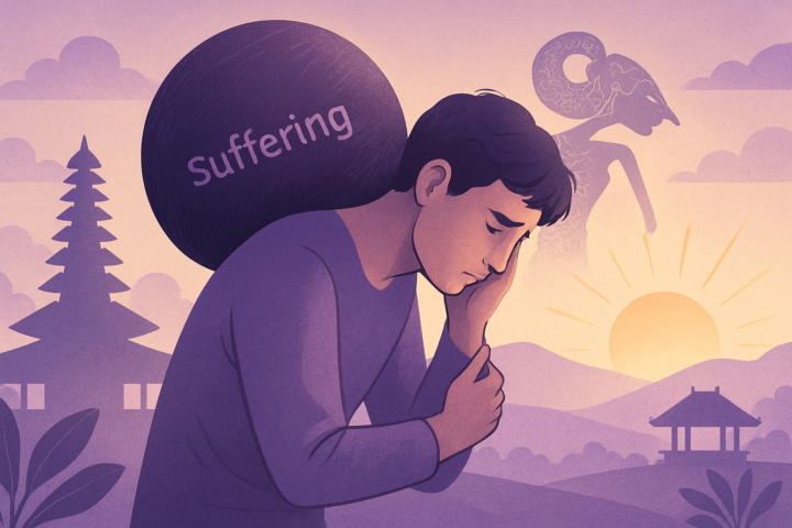 Ilustrasi ketahanan emosional dan perjuangan batin dengan simbol penderitaan dan nuansa budaya Indonesia