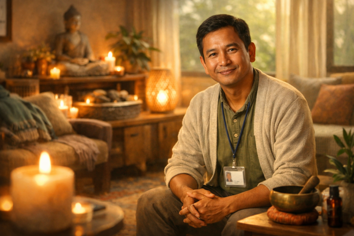 Penjaga ruang pulih sedang menjaga ruang terapi yang nyaman dan tenang