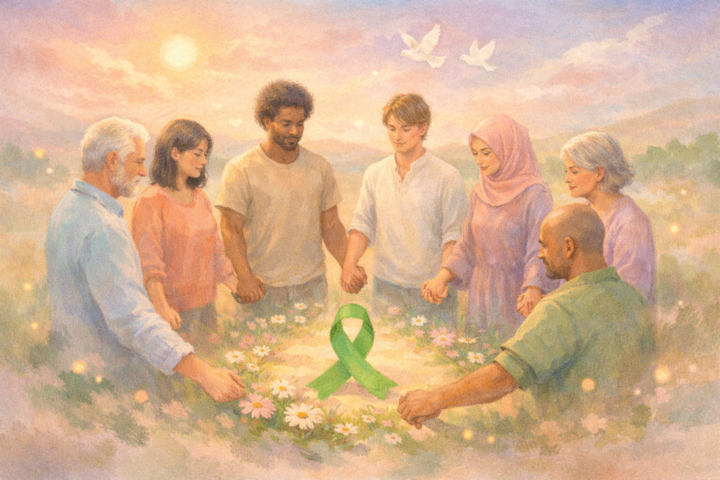 Orang-orang dari berbagai latar belakang saling bergandengan tangan dalam lingkaran simbol kesadaran kesehatan jiwa