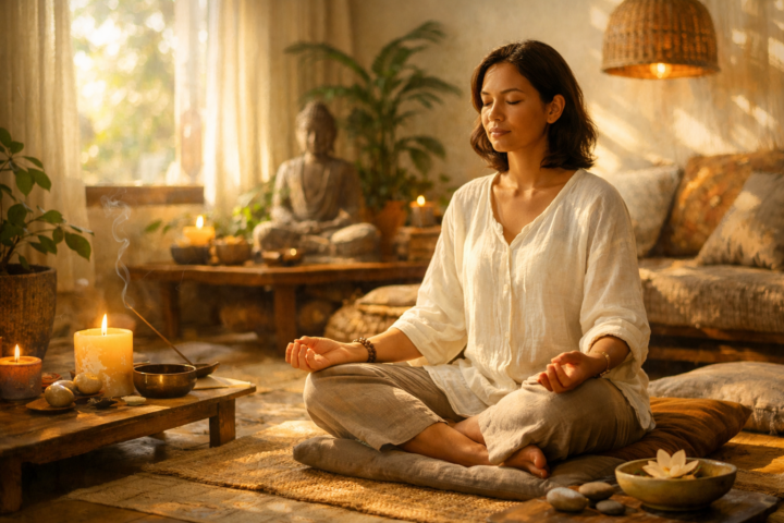 Orang bermeditasi merenung dengan tenang di ruang santai terang untuk refleksi diri