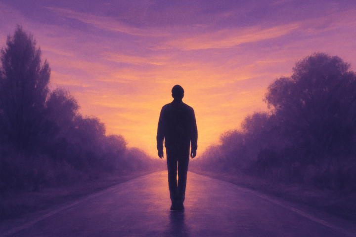 Siluet orang berjalan pulang di jalan dengan latar senja yang hangat, melambangkan perjalanan spiritual dan refleksi diri