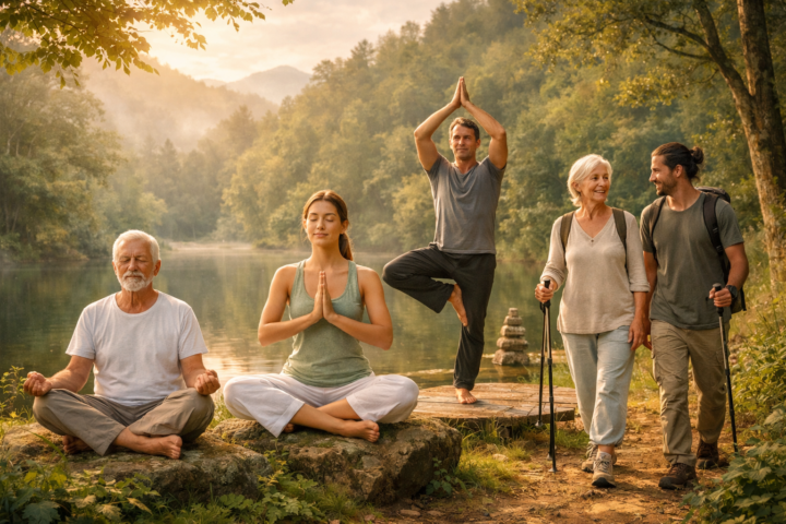 Ilustrasi kehidupan baru dengan gaya hidup sehat dan penuh kesadaran di lingkungan alami