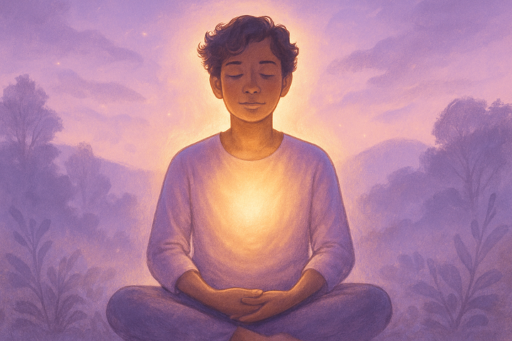 Ilustrasi seseorang sedang meditasi dengan aura bercahaya yang melambangkan restorasi jiwa dan kehadiran tulus