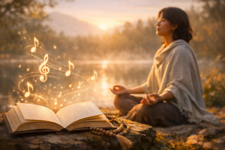 Ilustrasi harmonisasi buku, musik, dan pernapasan untuk kesembuhan dan kedamaian batin