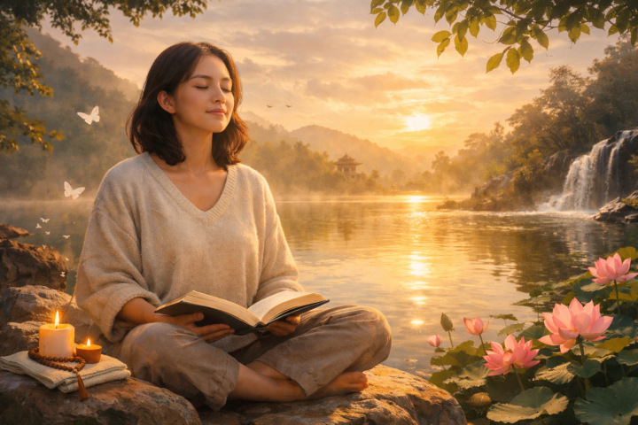 Seseorang membaca buku sambil berlatih pernapasan sadar dalam suasana alam yang tenang untuk pemulihan jiwa.