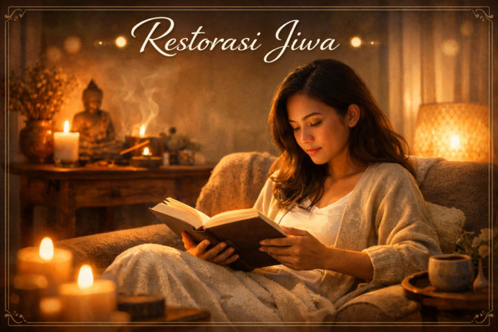 Wanita membaca buku dengan ekspresi mendalam di ruang yang nyaman