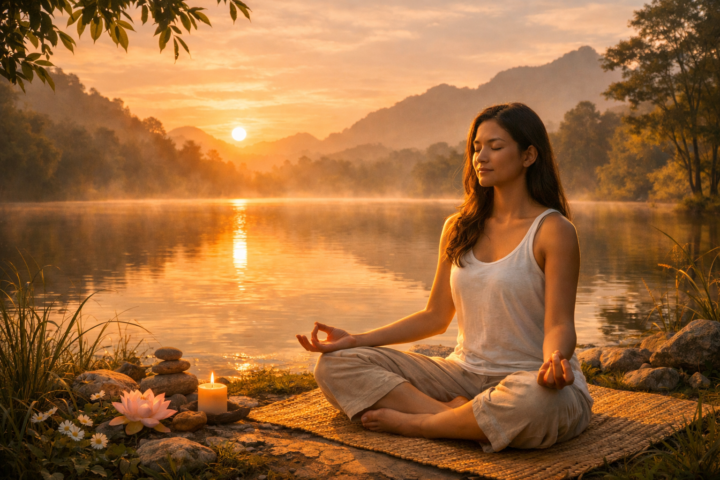 Wanita bermeditasi di alam saat matahari terbit, melambangkan kedamaian dan transformasi lewat retreat
