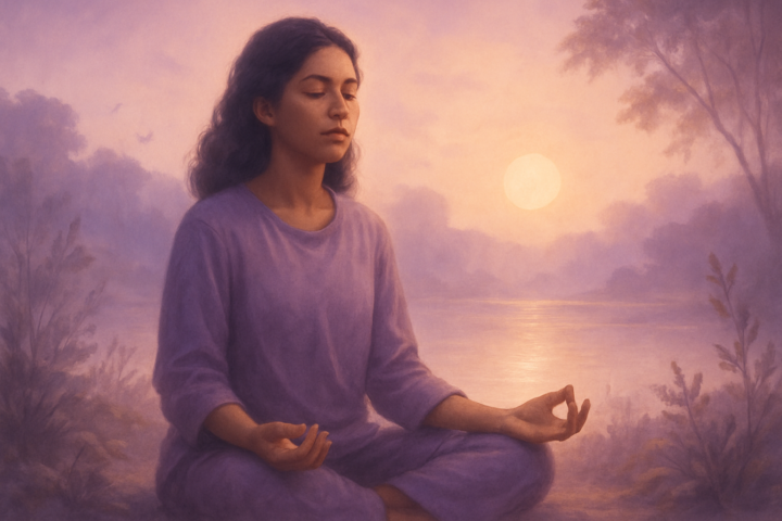 Orang bermeditasi di alam tenang melambangkan pemulihan jiwa dan kedamaian batin