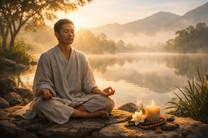 Orang bermeditasi dengan tenang di lingkungan alami sederhana, simbol ketenangan dan kesadaran spiritual