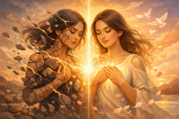 Ilustrasi transformasi jiwa dari terfragmentasi menuju keutuhan dengan warna hangat dan menenangkan