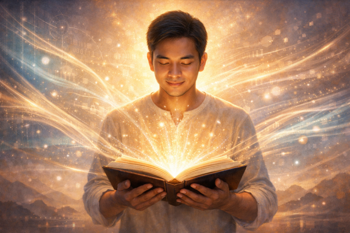 Ilustrasi seseorang yang membaca buku dengan cahaya keluar dari halaman, melambangkan transformasi diri melalui bacaan