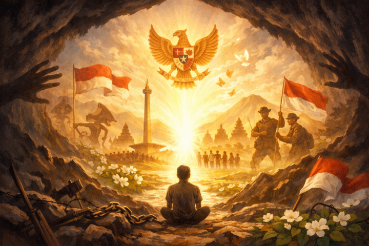 Ilustrasi transformasi trauma menuju kesadaran nasional dengan visual cahaya keluar dari kegelapan dan simbol budaya Indonesia