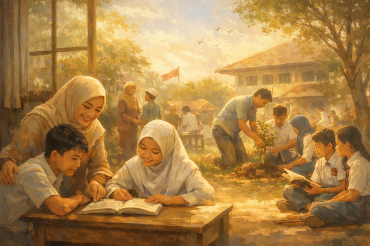 Siswa dan guru beraktivitas bersama dalam pendidikan jiwa di kelas dan komunitas