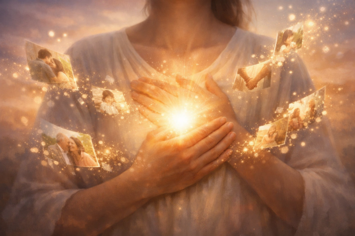 Ilustrasi penyembuhan masa lalu dengan cinta dan kesadaran mengeluarkan cahaya dari hati