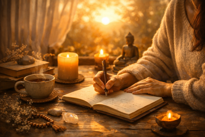 Seseorang menulis kisah hidupnya sendiri di jurnal dengan suasana terang dan penuh harapan