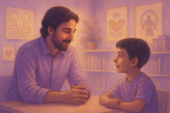 Guru dan murid dalam kelas penuh kasih sayang mengajarkan pendidikan emosional