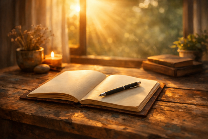 Notebook terbuka dengan pena di atas meja kayu, sinar matahari hangat menembus jendela, menggambarkan suasana refleksi dan ketenangan