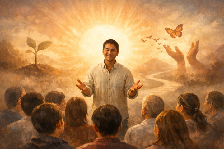 Fasilitator memimpin sebuah komunitas dengan latar belakang cahaya yang melambangkan harapan dan transformasi