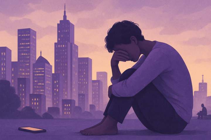 Ilustrasi kontradiksi pembangunan modern dengan individu merasa terluka secara emosional di tengah kota maju