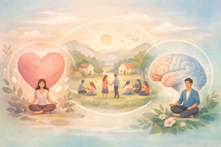 Ilustrasi paradigma baru kesehatan jiwa dengan simbol hati, otak dan komunitas harmonis