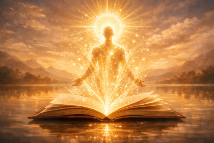 Ilustrasi transformasi pengetahuan menjadi kesadaran dan pencerahan dengan sosok manusia dan cahaya hangat