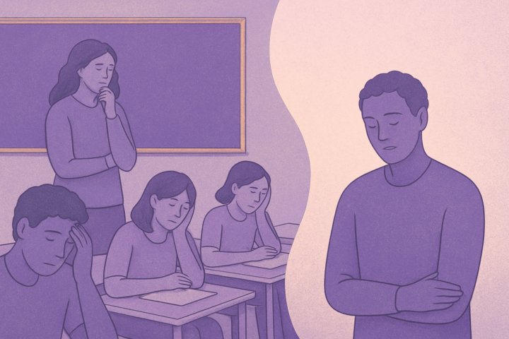 Ilustrasi ruang kelas yang berubah menjadi ruang hampa emosional menggambarkan ketiadaan pendidikan emosi