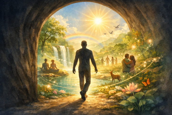 Ilustrasi manusia keluar dari ruang tertutup menuju ekosistem yang harmonis dan sadar