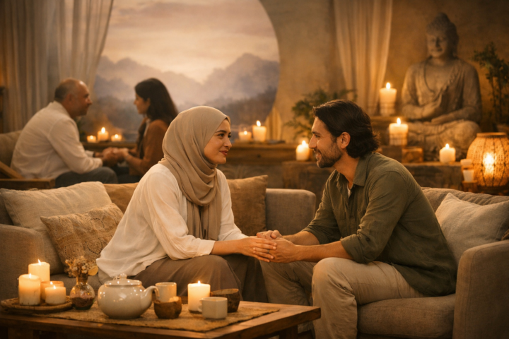 Suasana talkreal yang intim dengan percakapan mendalam dan penuh makna antara peserta di studio musik hangat