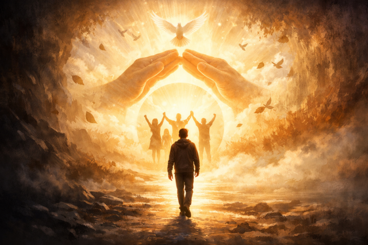 Ilustrasi perjalanan dari trauma menuju visi kolektif dengan simbol cahaya dan kolaborasi