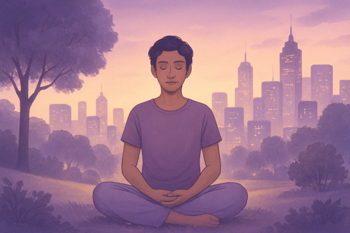 Seseorang bermeditasi di taman dengan latar kota ramai di belakang, simbol kehadiran sepenuhnya dan ketenangan batin.