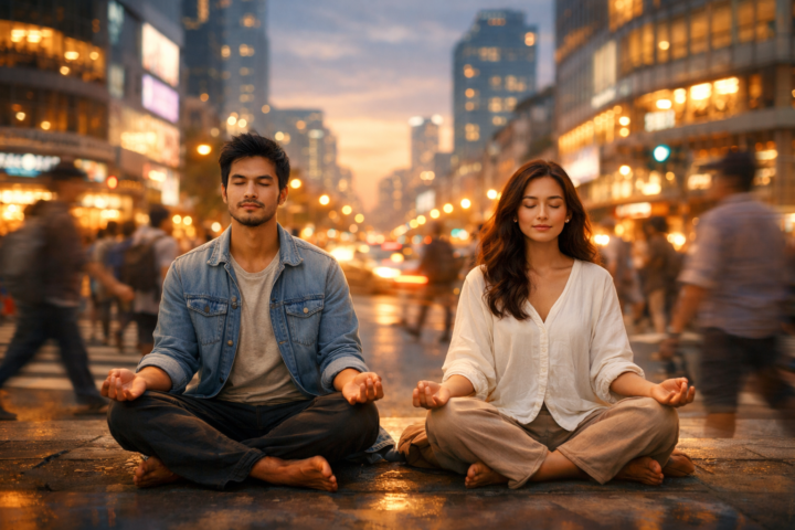 Orang merenung tenang di tengah keramaian kota yang sibuk