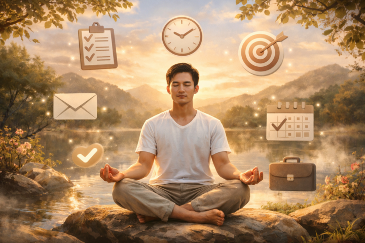 Ilustrasi keseimbangan antara tugas dan merawat jiwa dengan seseorang bermeditasi di alam